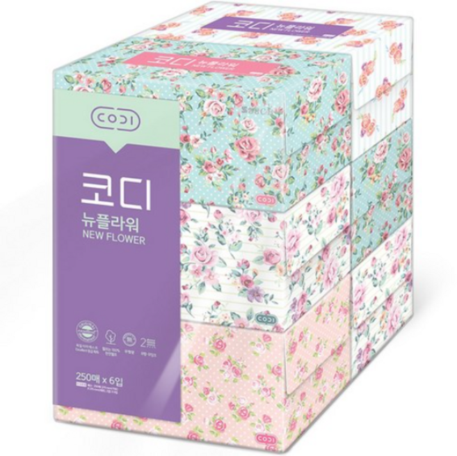코디 뉴플라워 천연펄프 미용티슈 250매, 6개입, 1개