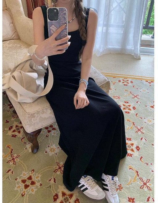 dala 度假風森系吊帶連衣裙女夏季修身氣質長裙, 黑色