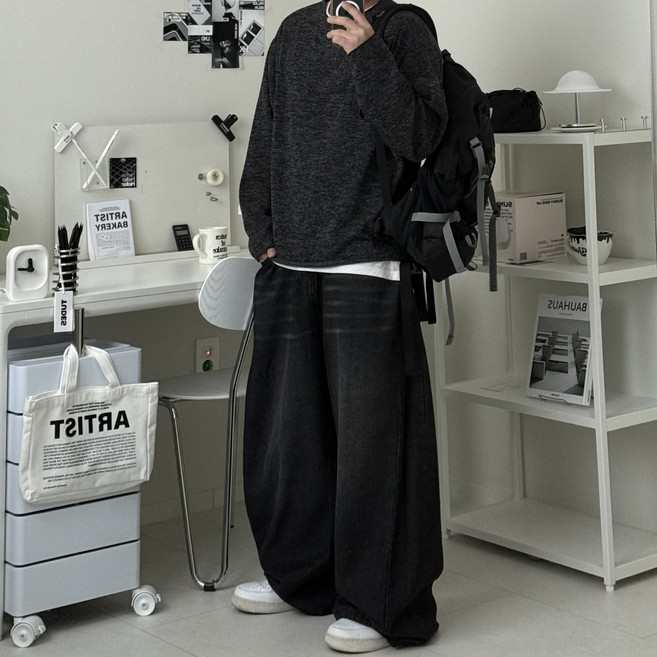 르위 라운드 오버핏 니트 긴팔 쭉티 루즈핏 남녀공용 빅사이즈 티셔츠 스웨터