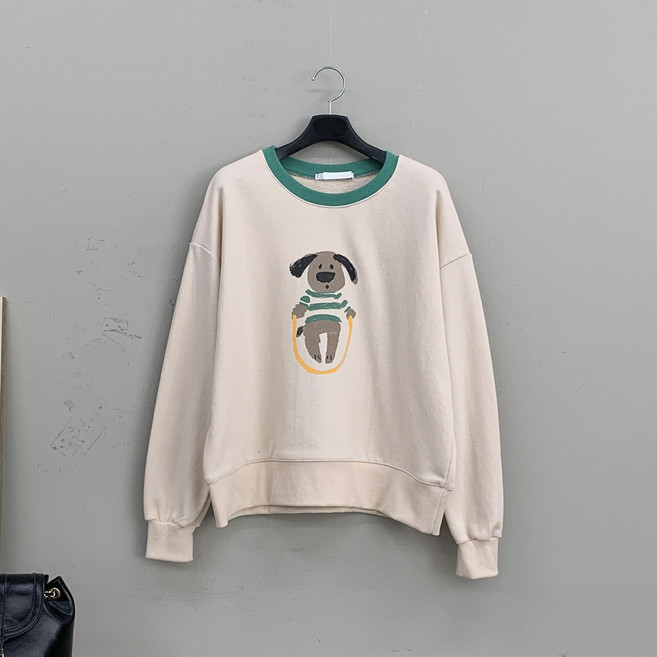 [행복여] 점핑 도그 배색 포인트 루즈핏 맨투맨 티셔츠