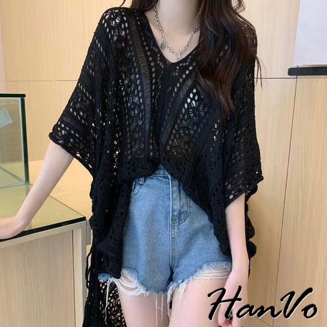 HanVo 甜美V領鏤空長版罩衫 慵懶寬鬆防曬罩衫 韓系女裝