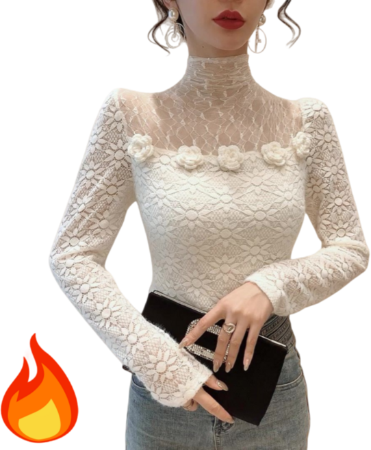 Makone 여성 가을 겨울 터틀넥 레이스 시스루 기모 슬림 긴팔 풀오버 티셔츠