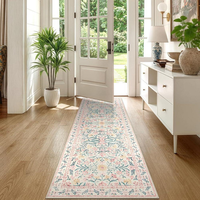 Morebes Boho 복도 러너 러그 5.1 x 15.2cm2 x 6인치 핑크 플로럴 주방 러너 러그 침실 여아용 세탁 가능한 미끄럼 방지 매우 부드러운 실내 장식 카펫