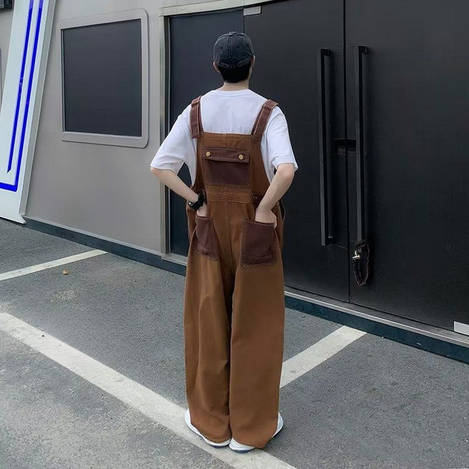해피유통 남성 빈티지 브라운 패치 멜빵바지 와이드 일자 카고 팬츠 jh wcy