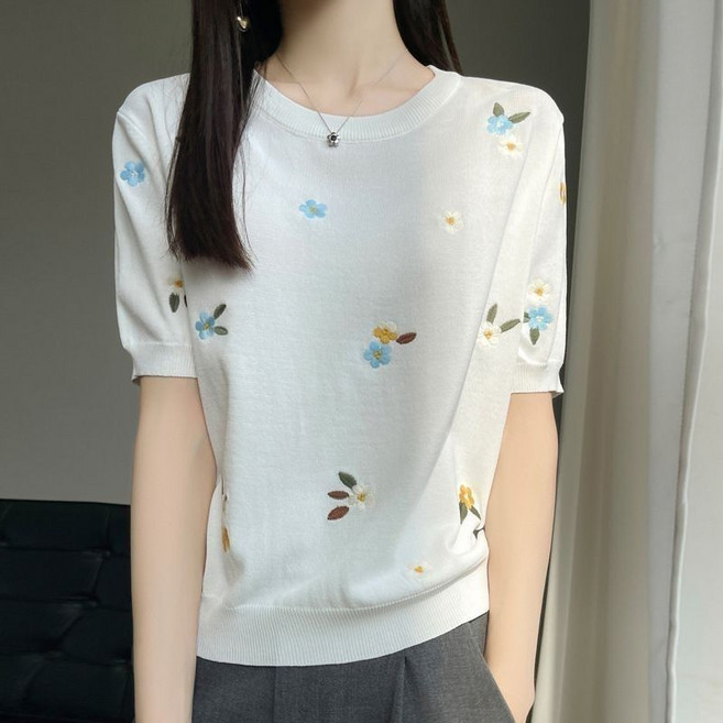 여성용 봄 여름 데일리 반팔 티셔츠 자수 라운드 아이스 니트 반팔 티셔츠 25H07JJ