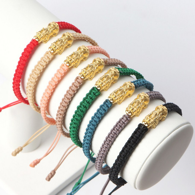 오로프 24K 99.9% 순금 비휴 재물 행운 복 여성용 남성용 커플 끈 매듭 팔찌 (2가지 사이즈/8가지색상)