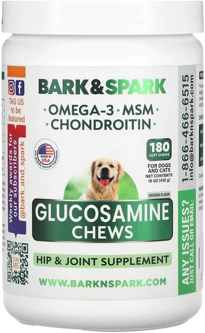 Bark&Spark 글루코사민 츄 강아지 및 고양이용 닭고기 소프트 츄 180개 432g(15oz), BarkSpark글루코사민츄강아지및고양이용닭고기소프트츄, 1개 - 쿠팡