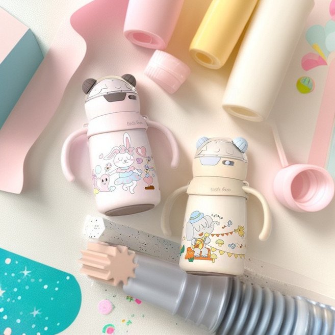 316不鏽鋼保溫吸管杯 400ml 小兔子圖案 附揹帶, 兔子➕揹帶➕重力球, 1套, 400L