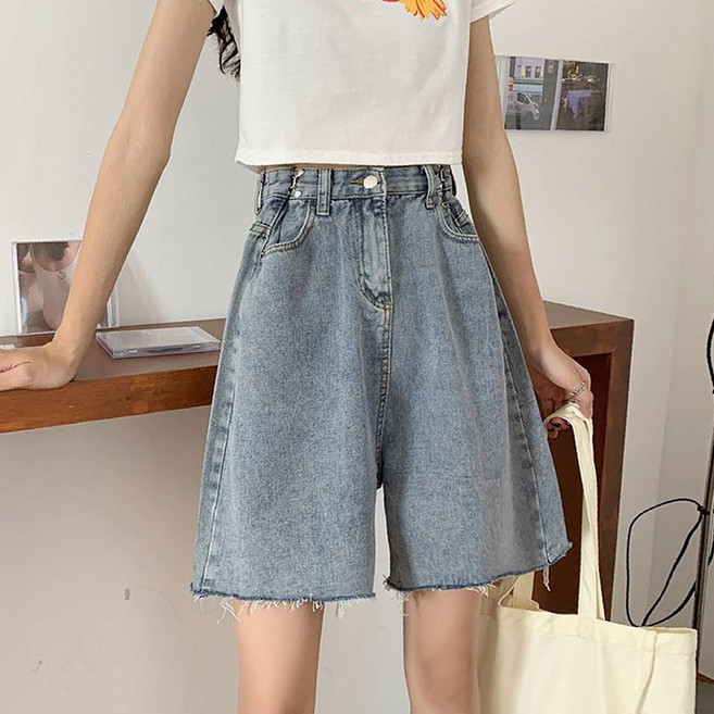 롤업 허리사이즈 조절 가능 반바지 데님 패션 캐주얼