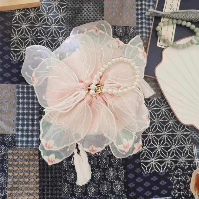 중국 스타일 빈티지 전통 Hanfu 가방 여자 달콤한 연꽃 메쉬 진주 핸드백 코스프레 지갑 선물