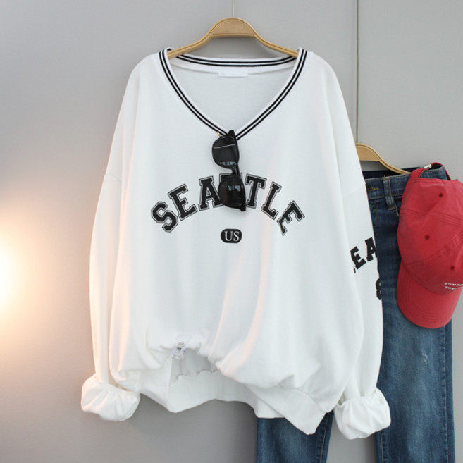 달콩 여성 빅사이즈 루즈핏 긴팔티 시애틀브이넥오버핏맨투맨