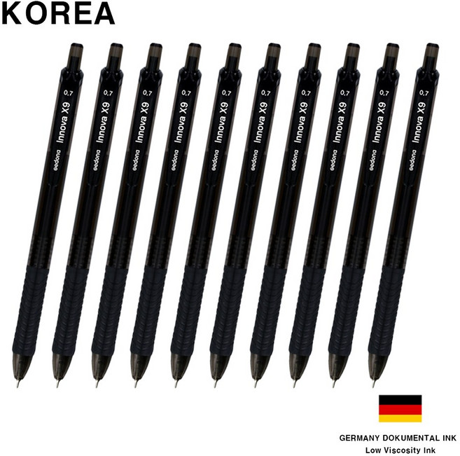 코리아 이노바X9 니들펜 필기감좋은 초저점도 독일잉크 볼펜 0.7mm, 10개, 블랙