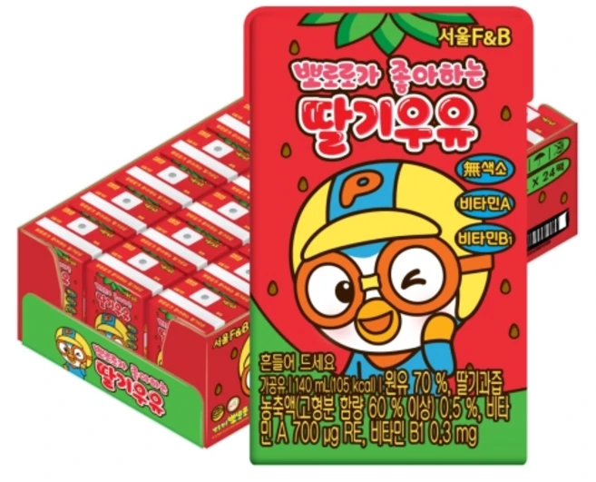서울에프엔비 유아용 뽀로로가 좋아하는 딸기우유, 140ml, 24개 - 쿠팡