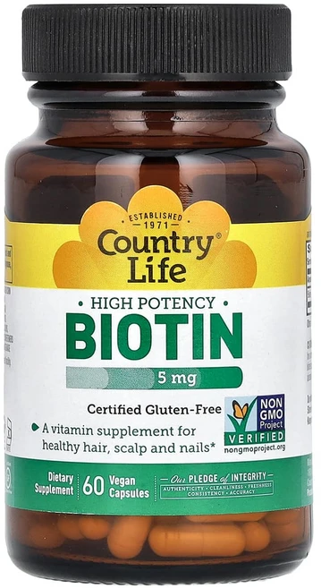 Country Life 비오틴 5mg 베지테리안 캡슐, 1개, 60정 - 쿠팡