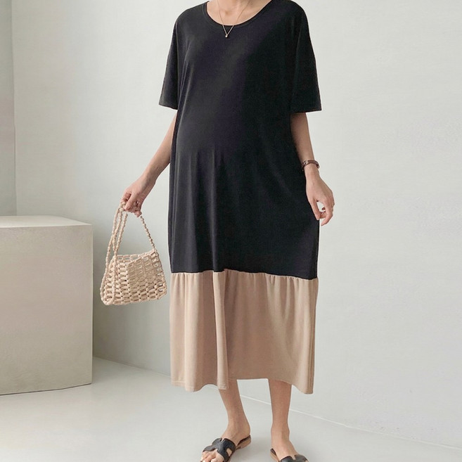 [당일출고] 수엠W 빅사이즈 임부복 반팔 D01 배색셔링원피스