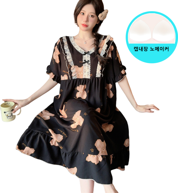 여름용 빅사이즈 홈웨어 오버핏 박시 원피스 데일리 여성잠옷 캡내장 노메이커 홈웨어 파자마세트 요루면 미디엄 롱 집에서 입는 원피스 M~6XL