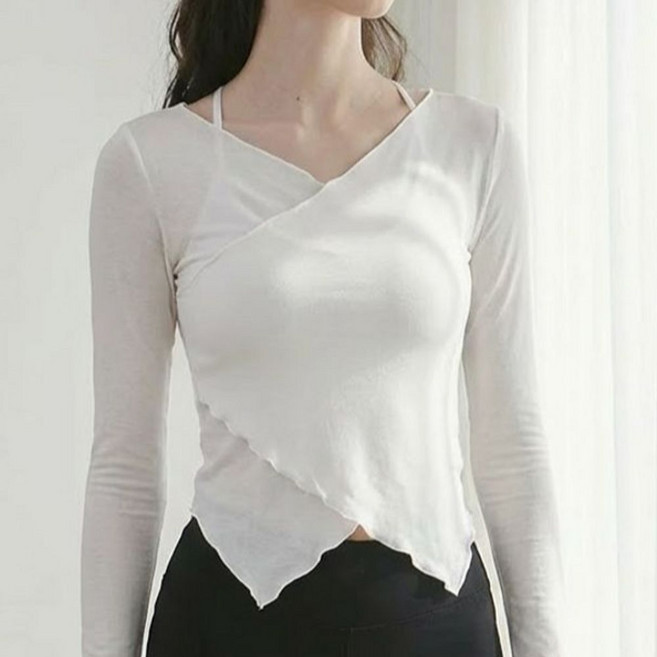 [당일출고] 아우라 요가 스튜디오 랩스타일 발레 상의 언발란스 슬릿 날날이 긴팔 웨이브 커버업 물결 프릴 필라테스