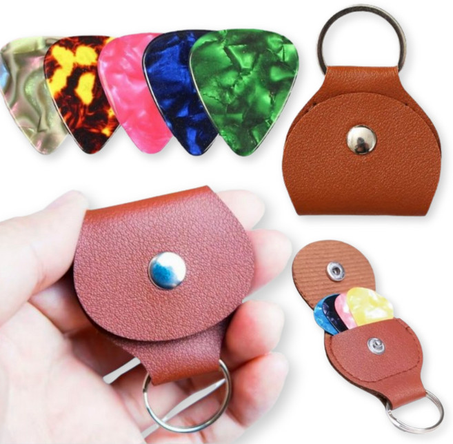 고힙 기타 피크 5p + 홀더 가죽케이스, 브라운, 1세트