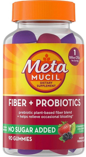 Metamucil 성인용 섬유 젤리 팽만감 완화를 위한 프로바이오틱스 함유 무설탕 딸기 키위 맛 5g 프리바이오틱 식물 기반 보충제 블렌드 90개, 메타뮤실 성인용 섬유질구미 프로바이오틱스 딸기 키위 블, 1개