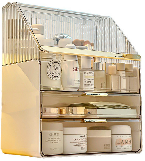 분리 사용가능 미노스토리 NEW 시즌 특대형 3단 화장품정리함 + 브러쉬 보관함 증정, 화이트+투명, 1개