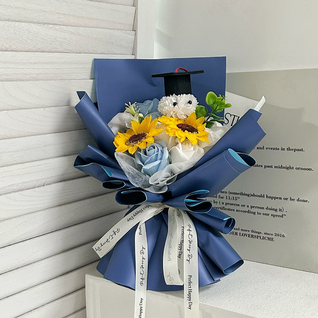 畢業花束 向日葵小熊永生花束, 藍色送禮物袋, 1件