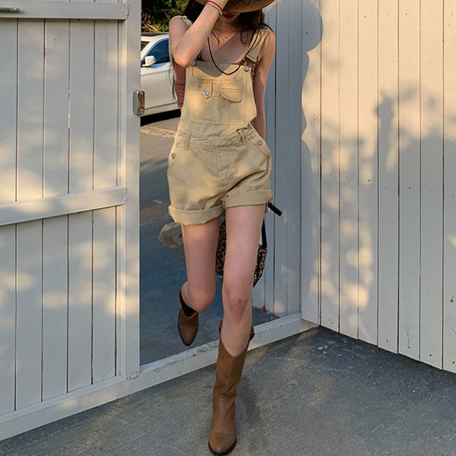 SAHINER 여성 코튼 멜빵 반바지 하이웨스트 와이드 포켓 여름 캐주얼 BDK43