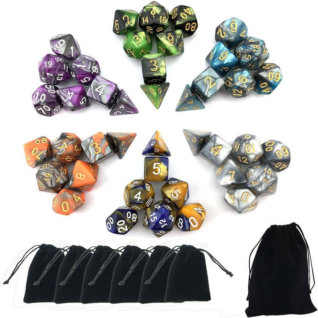 스마트딜스프로 5 x 7 다이 더블 컬러 다면체 주사위 세트 DD DND RPG MTG 던전 및 드래곤 테이블 보드 롤 플레이 게임 D4 D6 D8 D10 D12 D20용 파우, 5-color Sets, 1개