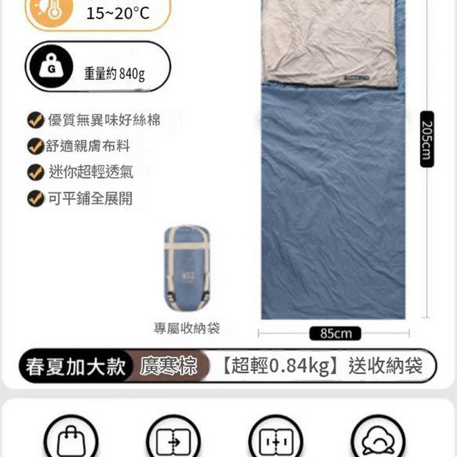 迷你 LW180 睡袋 尼龍材質 舒適溫度 15°C 露營野營適用, 暗隱藍 840g, 1個