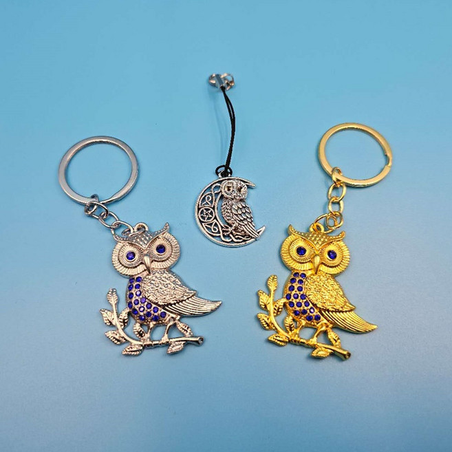 키링 부엉이 큐빅 재물 행운 열쇠고리 3종세트 도금 커플 키홀더, 세트(3종)