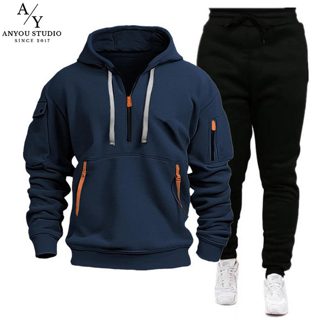 ANYOU 남성용 봄가을 후드티 바지 세트 편안하고 스타일리시한 디자인 데일리 운동복 세트 다양한 활동에 적합한 트렌디한 스포츠웨어