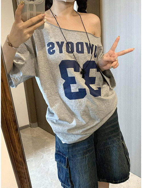 美式純慾露肩短袖T恤女寬鬆簡約風顯瘦甜辣妹上衣