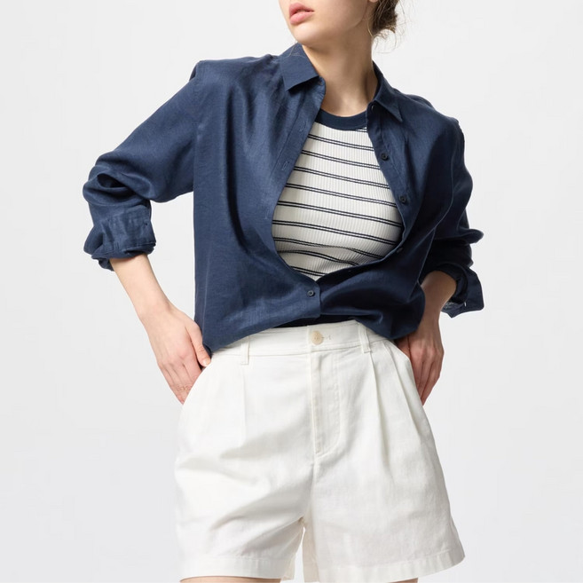 유니클로 여성 프리미엄 린넨 긴팔 셔츠 네이비 475647