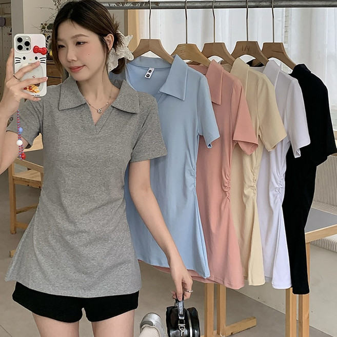 ROYALBELLE 여성 카라 슬림핏 반팔 티셔츠 셔링 포인트 심플 캐주얼 티셔츠 F01022019