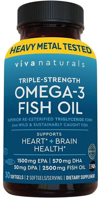 Viva Naturals 오메가-3 피쉬 오일 트리플 스트렝스 2500mg 소프트젤 30개 - EPA DHA DPA를 포함한 재에스테르화된 오메가 3 지방산 패스카타리, Viva NATURAL 내추럴s 여성 및 남성용 오메가, 1개, 30정 - 쿠팡
