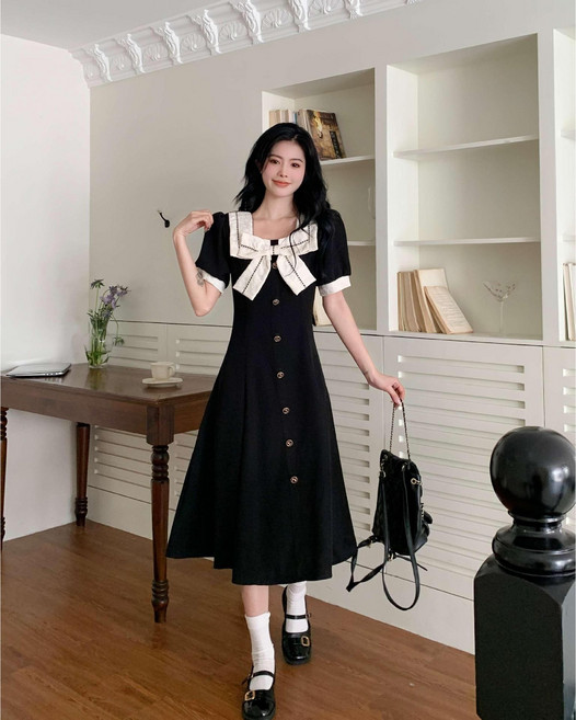 ANYOU 여성 여름 원피스 스퀘어 넥 리본 반팔 롱 원피스 패션 데일리룩 하객룩 빅사이즈 원피스