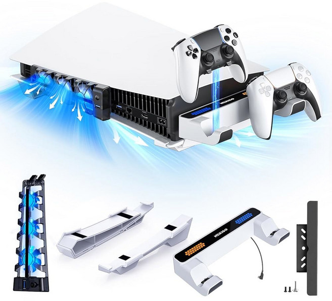 nexigo ps5 및 엣지 컨트롤러용 충전 스테이션이 있는 수평 스탠드 디스크 호환 속도 [자동 아님 냉각 디지털과 팬 전원 무소음 슬림용 켜기/끄기] 가능한 조절, 팬이 있는 스탠드, 화이트.