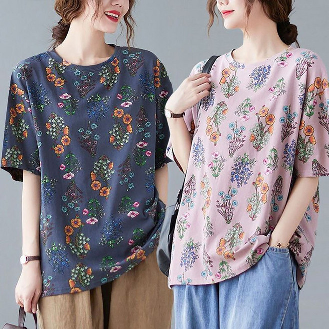 ZIGODAG 1+1 여성 빅사이즈 꽃무늬 반팔 티셔츠 여름 빈티지 캐주얼 상의 ZKYYBQ52694