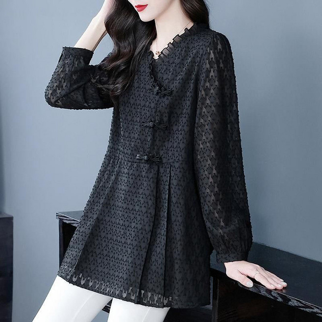 중년 여성 긴팔 블라우스 캐주얼 봄 가을 풀오버 상의 루즈핏 엄마 쉬폰 셔츠 긴팔티 WXY