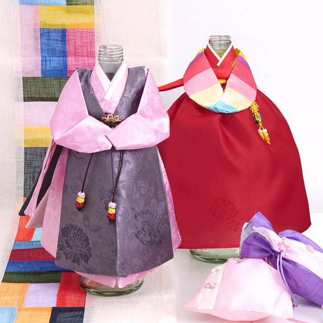 인테리어 오브제 와인커버 남녀 한복 미니어처 1+1, 도령+색동, 도령(회색)+색동(빨강)