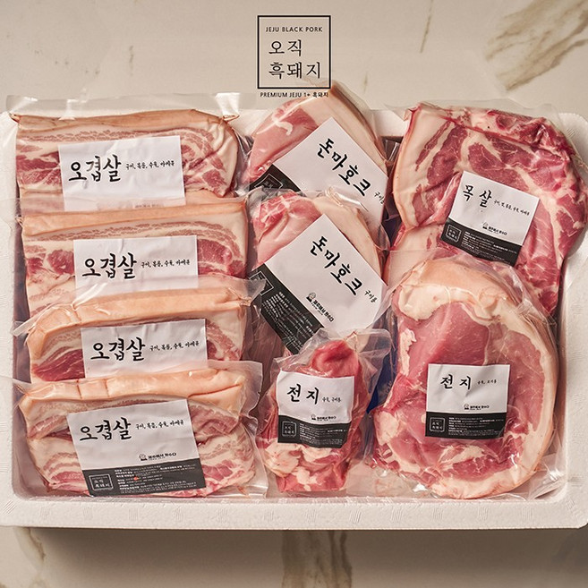[오직흑돼지] 제주도 프리미엄 1+등급 흑돼지 3kg 패키지, 1박스, 오겹1.2kg/목살400g/전지800g/돈마호크600g