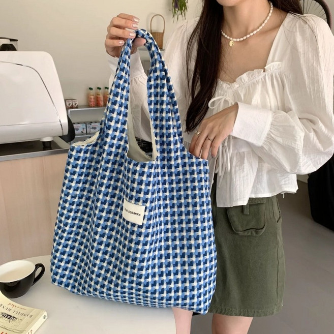 [이지호미] 레트로 그리드 체크 에코백 가벼운 연예인 숄더백