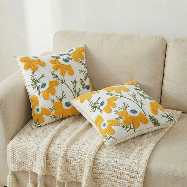 포근달 북유럽 꼬자수 쇼파쿠션 핸드메이드 침대 등받이 쿠션 솜포함, 노랑+블루