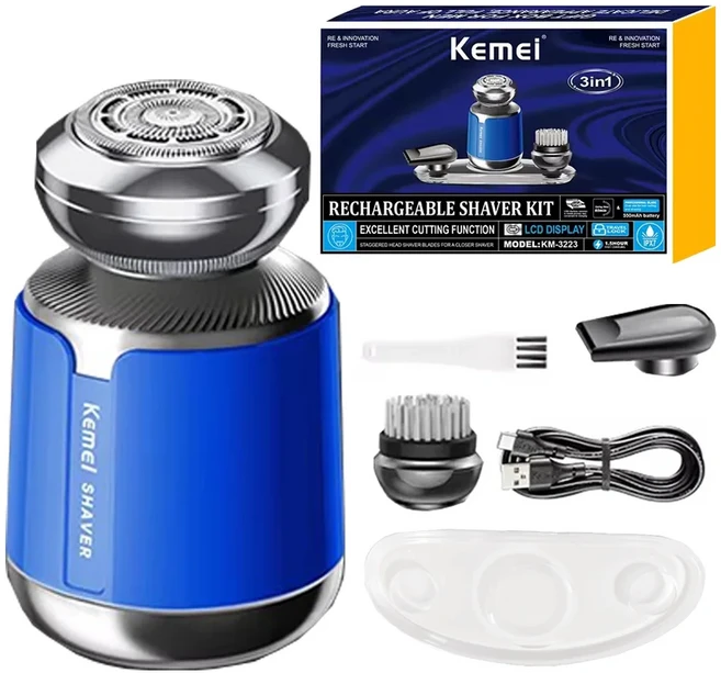 Kemei 남성용 세척 가능한 전기 면도기 키트 수염 헤어 충전식 얼굴 청소 브러시 습식 및 건식 3in 1, 01 KM3223 With box