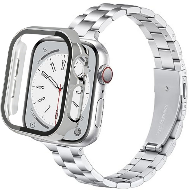 포근루프 애플워치 호환 슬림 메탈 스트랩 11 10 9 8 7 6 5 4 3 2 1 SE2/3 Ultra2/3, 실버+실버