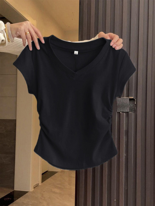 92면 블루 정숄더 반소매 T 여성용 여름 슬림핏 스타일리시한 주름 허리 조임 숏 기장 티셔츠 상의