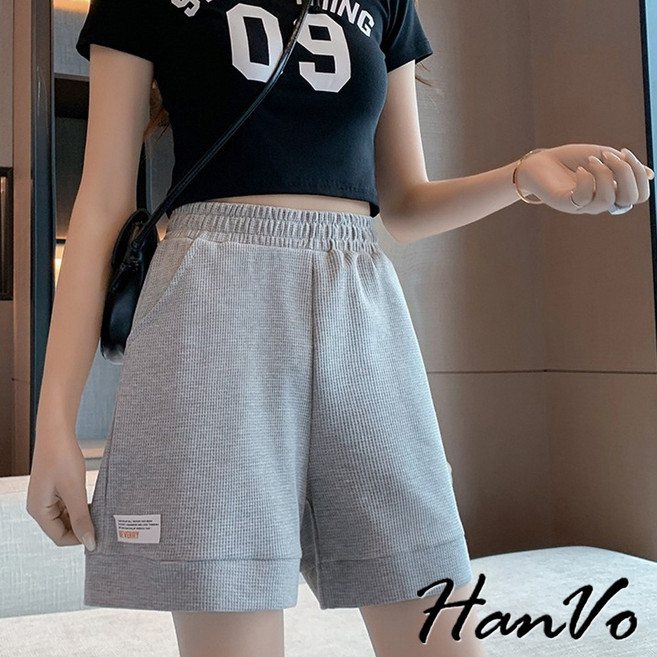 HanVo 華夫格標籤 透氣吸濕排汗舒適休閒短褲 女生下著 A03-2088