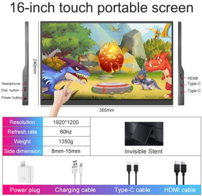휴대용 포터블 듀얼 스크린 서브 보조 모니터 16인치 1920*1200 게이밍 컴퓨터 확장 디스플레이 휴대폰용), 영국 플러그, 16inch Touchscreen