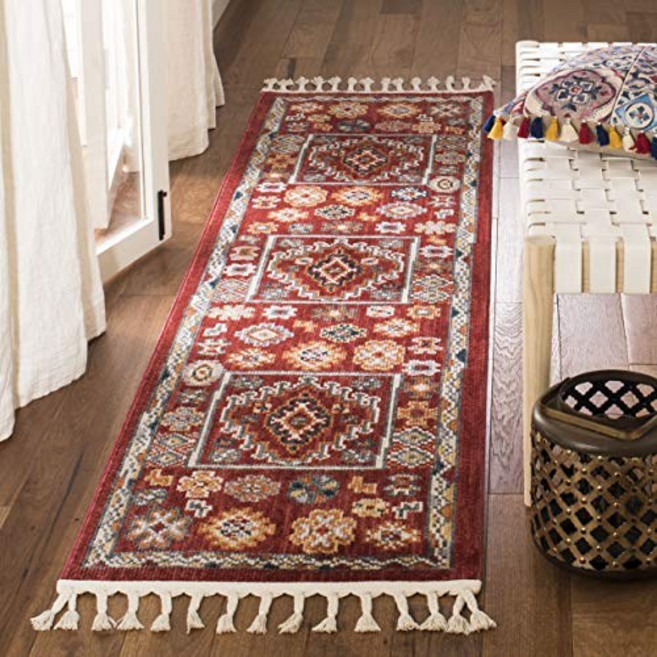 SAFAVIEH Farmhouse Collection 5'1" x 7'10" Red / Ivory FMH814Q Moroccan Boho Tassel Area Rug, 1개, Red/Ivory