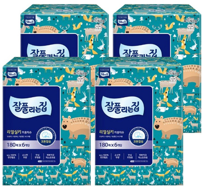미래생활 잘풀리는집 리얼실키 미용티슈 180매 6개입 x 4팩 각티슈