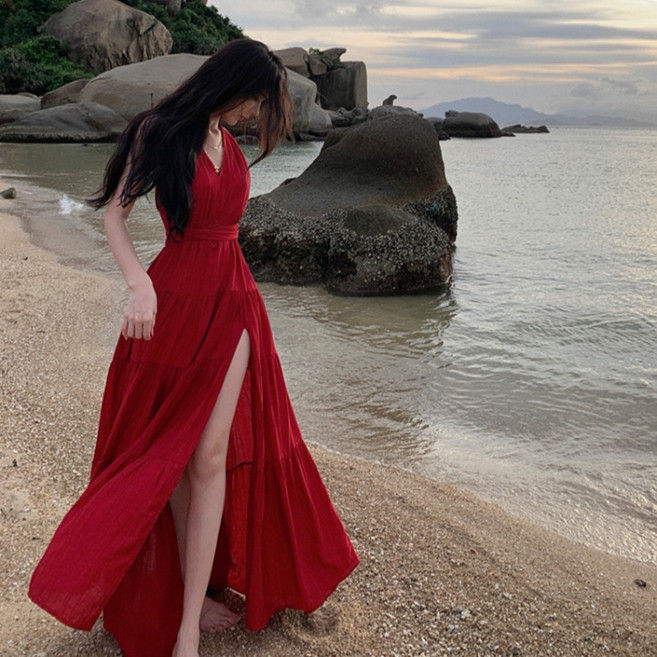 法式紅色v領綁帶掛脖連衣裙女海邊度假絕美露背性感開叉顯瘦長裙